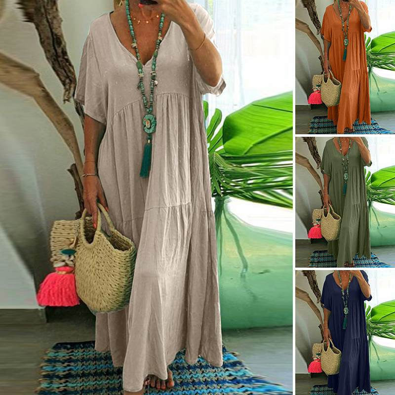 🔥 Letzter Tag! 50% Rabatt Damen Gestuftes Maxikleid mit V-Ausschnitt 💙 Weich luftig & bequem für Alltag