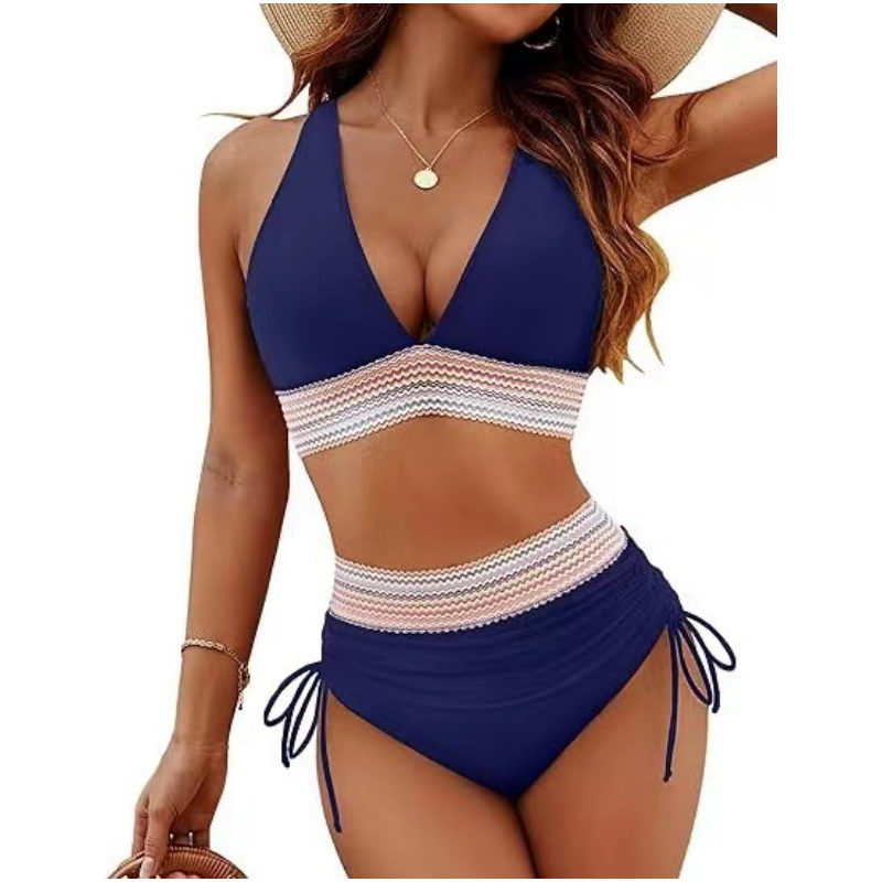 🔥 NUR NOCH HEUTE SPEZIALPREIS 27,99 €! 👙 Hochtailliertes Bikini Set mit Regenbogenwellen-Bund – Bauchkontrolle, Halter V-Ausschnitt, seitliche Zugbänder für Strand & Pool