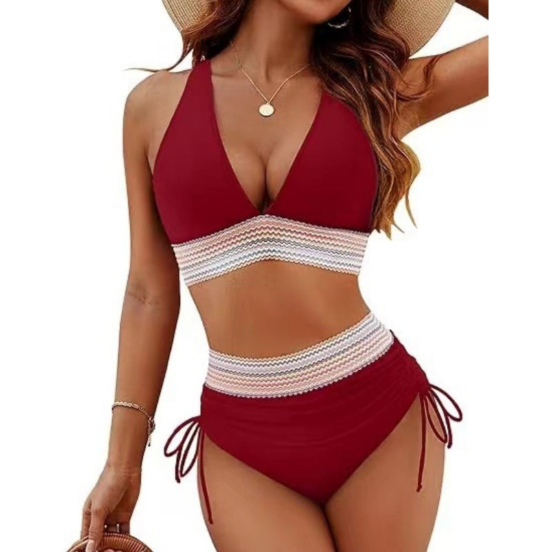 🔥 NUR NOCH HEUTE SPEZIALPREIS 27,99 €! 👙 Hochtailliertes Bikini Set mit Regenbogenwellen-Bund – Bauchkontrolle, Halter V-Ausschnitt, seitliche Zugbänder für Strand & Pool