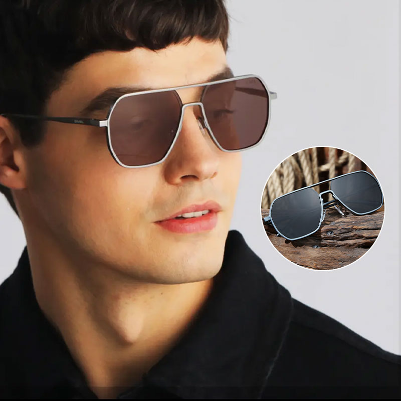 Sonnenbrille mit unregelmäßigem Rahmen und polarisierten Gläsern mit UV-Schut