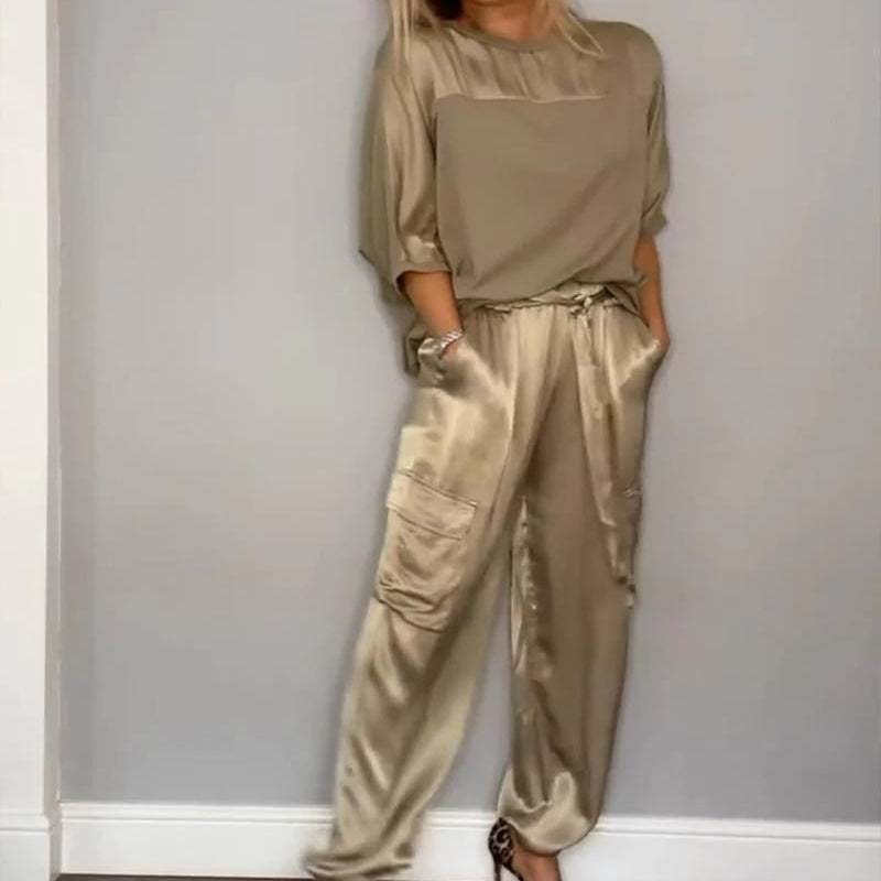 🔥 50% RABATT! Elegantes 2-teiliges Satin-Set – Rundhals-Oberteil & Cargohose, lässig & luxuriös!