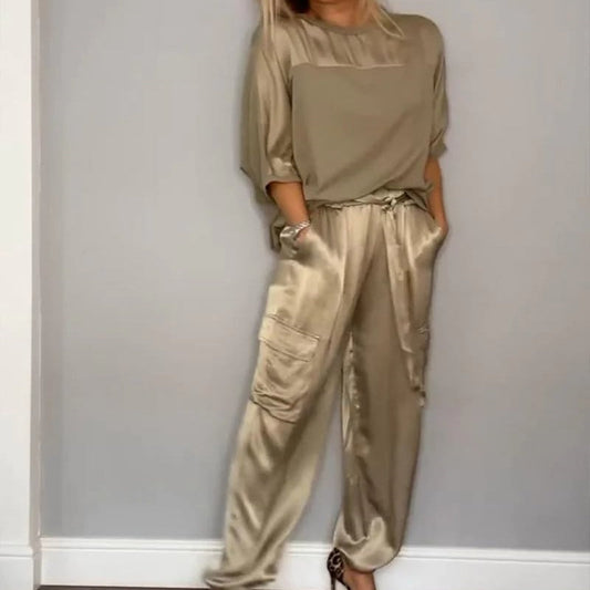 🔥 50% RABATT! Elegantes 2-teiliges Satin-Set – Rundhals-Oberteil & Cargohose, lässig & luxuriös!