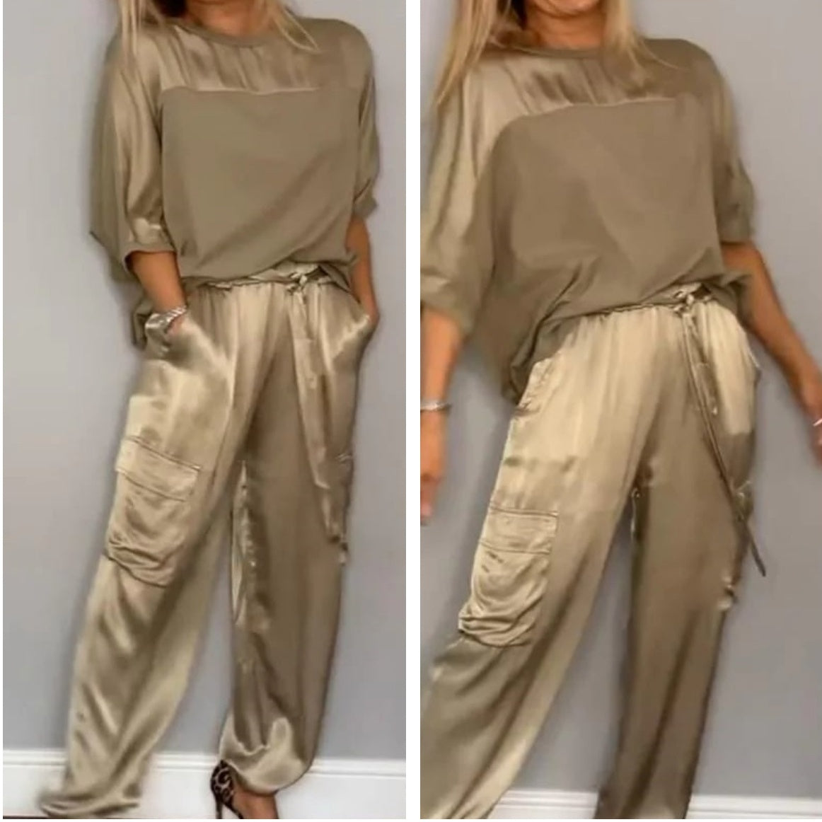 🔥 50% RABATT! Elegantes 2-teiliges Satin-Set – Rundhals-Oberteil & Cargohose, lässig & luxuriös!