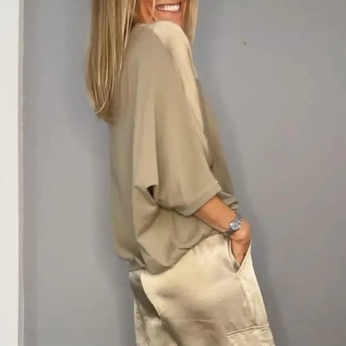 🔥 50% RABATT! Elegantes 2-teiliges Satin-Set – Rundhals-Oberteil & Cargohose, lässig & luxuriös!