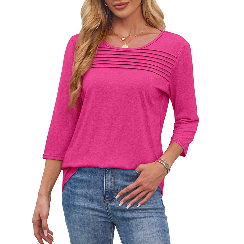 💕Kaufen Sie zwei Stücke mit 5% Rabatt👚Damen T-Shirt mit Faltendetails und 3/4-Ärmeln im lässigen Stil🌞