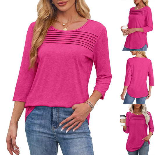 💕Kaufen Sie zwei Stücke mit 5% Rabatt👚Damen T-Shirt mit Faltendetails und 3/4-Ärmeln im lässigen Stil🌞