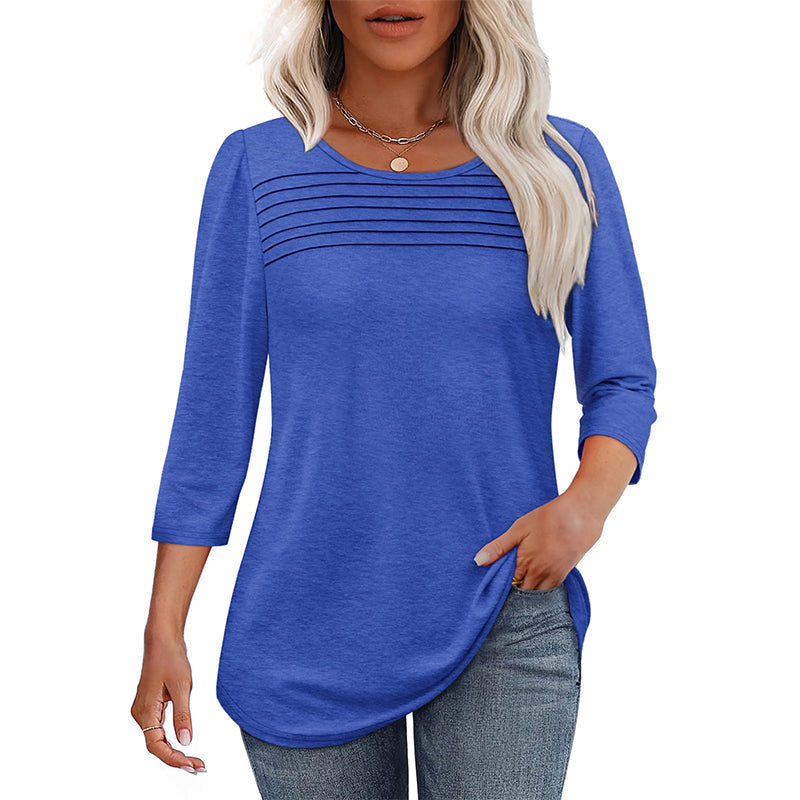 💕Kaufen Sie zwei Stücke mit 5% Rabatt👚Damen T-Shirt mit Faltendetails und 3/4-Ärmeln im lässigen Stil🌞