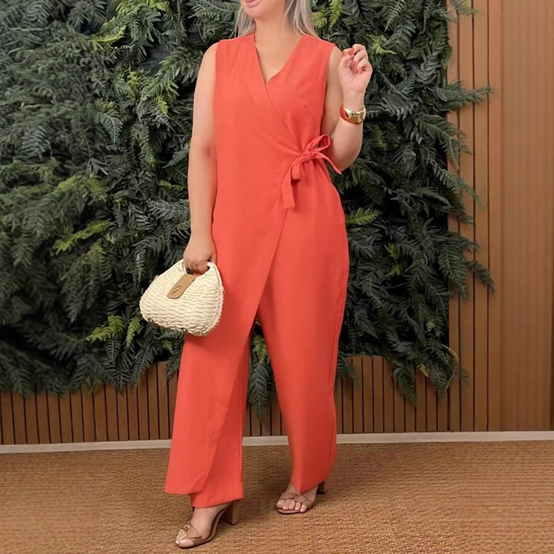 Einfarbiger, lässiger Jumpsuit mit V-Ausschnitt und Bindeband für Damen