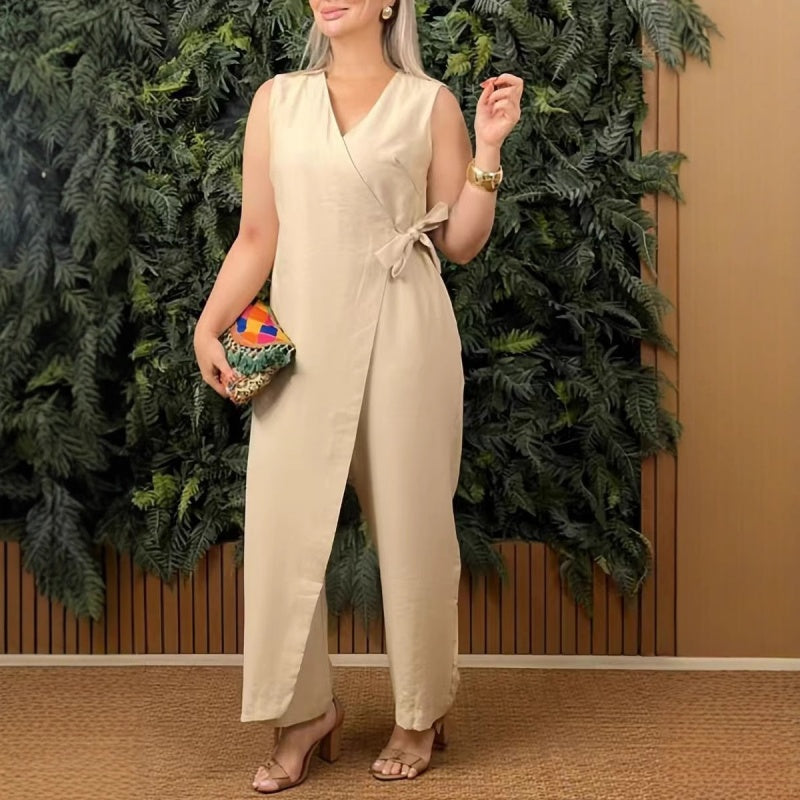 Einfarbiger, lässiger Jumpsuit mit V-Ausschnitt und Bindeband für Damen