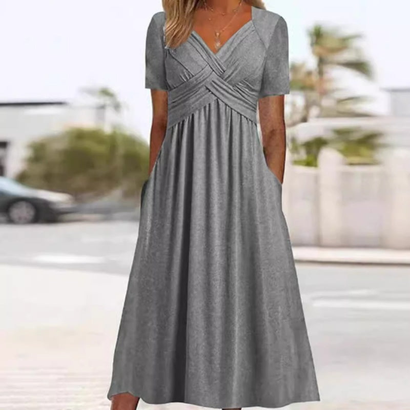 ⏰ Nur noch heute 50% Rabatt! 👗 Damen Midikleid mit V-Ausschnitt & kurzen Ärmeln, geraffter Taile, praktische Taschen, fließender weicher Stoff in 4 Farben für Alltag, Urlaub & Café ✨