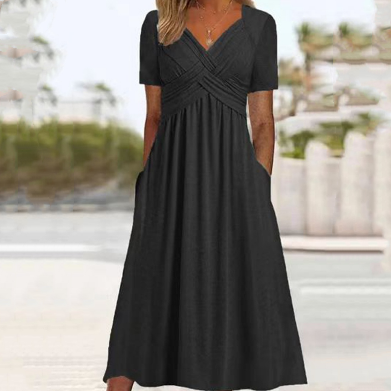 ⏰ Nur noch heute 50% Rabatt! 👗 Damen Midikleid mit V-Ausschnitt & kurzen Ärmeln, geraffter Taile, praktische Taschen, fließender weicher Stoff in 4 Farben für Alltag, Urlaub & Café ✨