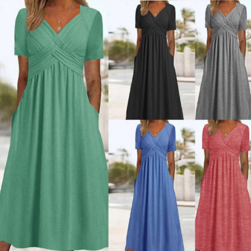 ⏰ Nur noch heute 50% Rabatt! 👗 Damen Midikleid mit V-Ausschnitt & kurzen Ärmeln, geraffter Taile, praktische Taschen, fließender weicher Stoff in 4 Farben für Alltag, Urlaub & Café ✨