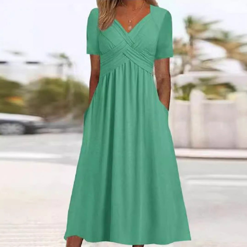 ⏰ Nur noch heute 50% Rabatt! 👗 Damen Midikleid mit V-Ausschnitt & kurzen Ärmeln, geraffter Taile, praktische Taschen, fließender weicher Stoff in 4 Farben für Alltag, Urlaub & Café ✨