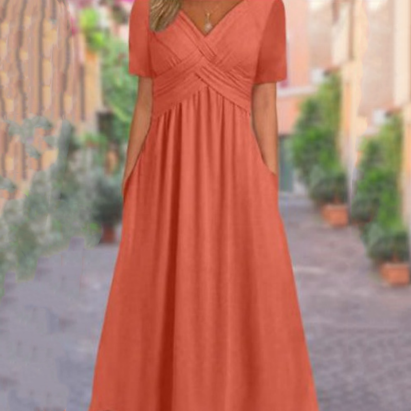 ⏰ Nur noch heute 50% Rabatt! 👗 Damen Midikleid mit V-Ausschnitt & kurzen Ärmeln, geraffter Taile, praktische Taschen, fließender weicher Stoff in 4 Farben für Alltag, Urlaub & Café ✨