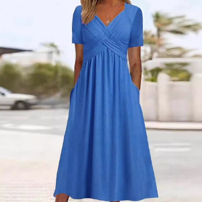 ⏰ Nur noch heute 50% Rabatt! 👗 Damen Midikleid mit V-Ausschnitt & kurzen Ärmeln, geraffter Taile, praktische Taschen, fließender weicher Stoff in 4 Farben für Alltag, Urlaub & Café ✨