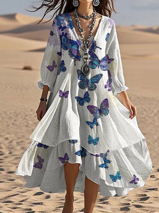 Vintage Bohemian Butterfly Print mit V-Ausschnitt Elegantes schickes, lockiges Midi-Kleid