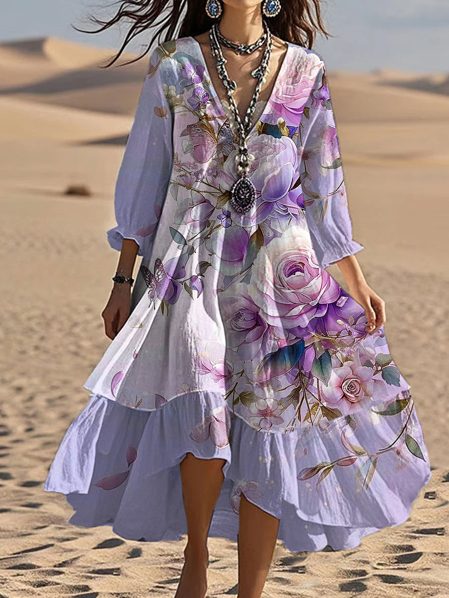 Vintage Bohemian-Blumen druck mit V-Ausschnitt Elegantes schickes, lockiges Midi-Kleid