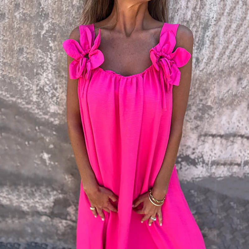 👗 Figurfreundliches Sommer-Maxikleid ✨ Lockerer A-Linien-Schnitt mit Blumenapplikationen & Trägern