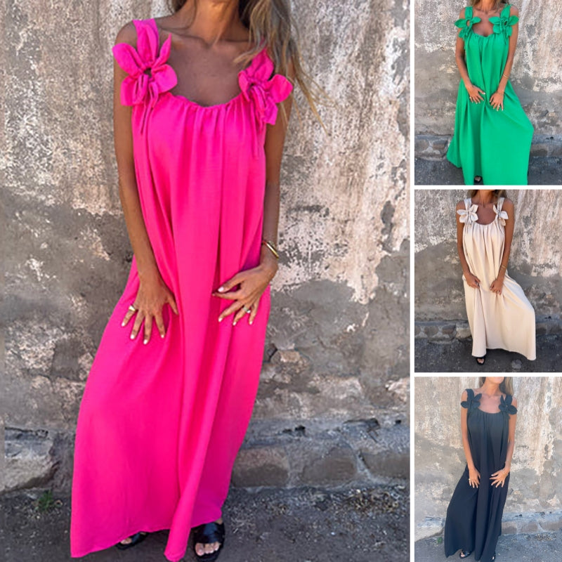 👗 Figurfreundliches Sommer-Maxikleid ✨ Lockerer A-Linien-Schnitt mit Blumenapplikationen & Trägern