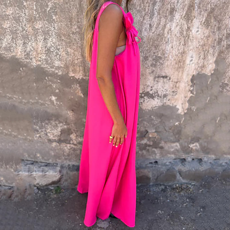 👗 Figurfreundliches Sommer-Maxikleid ✨ Lockerer A-Linien-Schnitt mit Blumenapplikationen & Trägern
