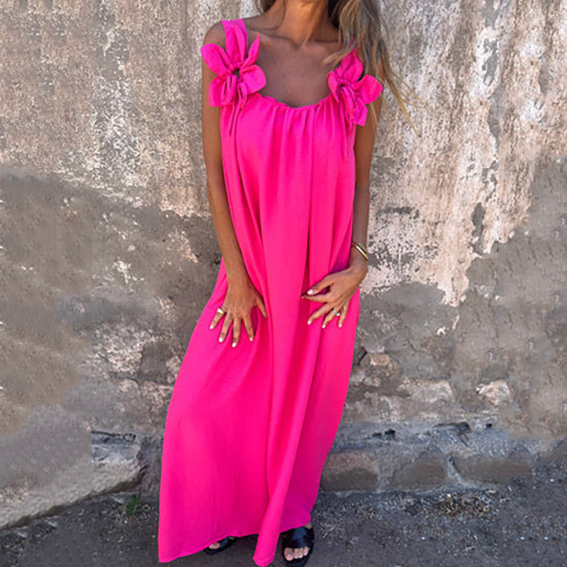 👗 Figurfreundliches Sommer-Maxikleid ✨ Lockerer A-Linien-Schnitt mit Blumenapplikationen & Trägern