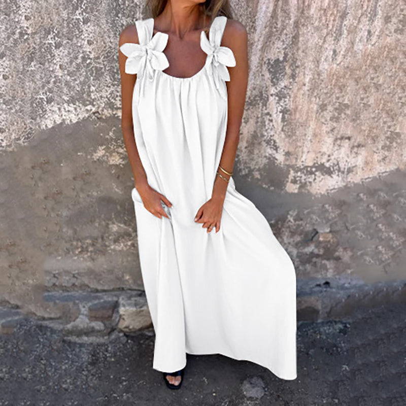 👗 Figurfreundliches Sommer-Maxikleid ✨ Lockerer A-Linien-Schnitt mit Blumenapplikationen & Trägern