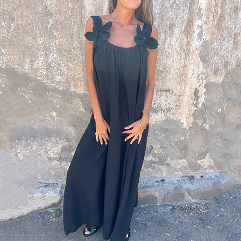 👗 Figurfreundliches Sommer-Maxikleid ✨ Lockerer A-Linien-Schnitt mit Blumenapplikationen & Trägern