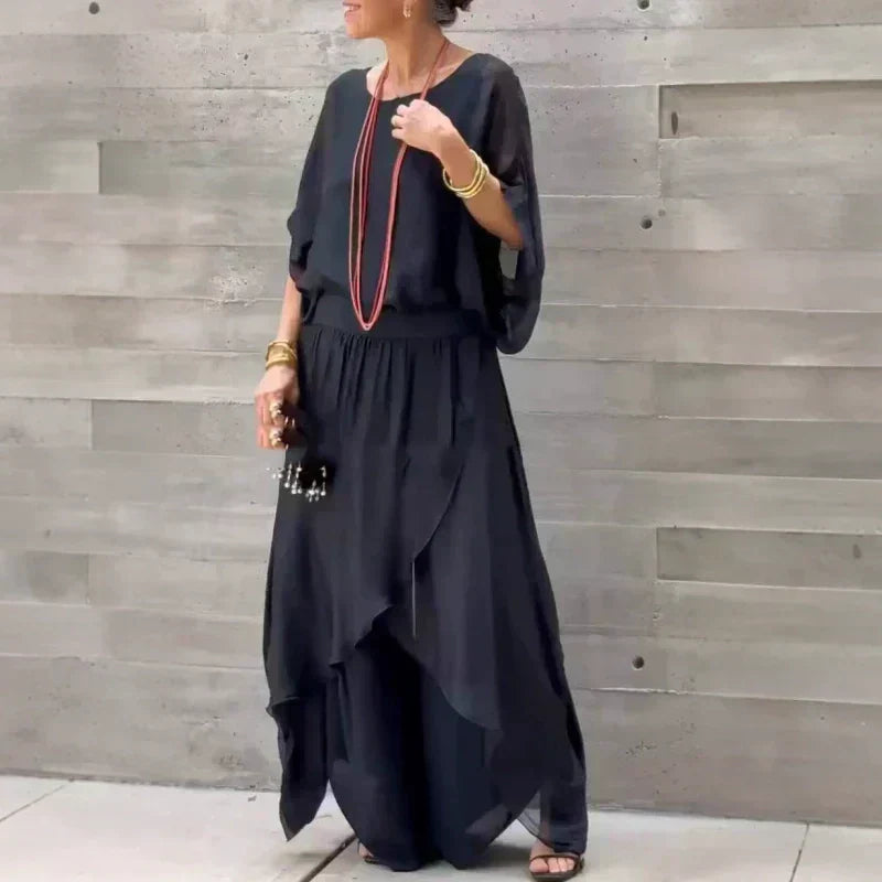 💗2-teiliges Set aus Chiffon mit lockerem Oberteil und weiten Schlitzhosen