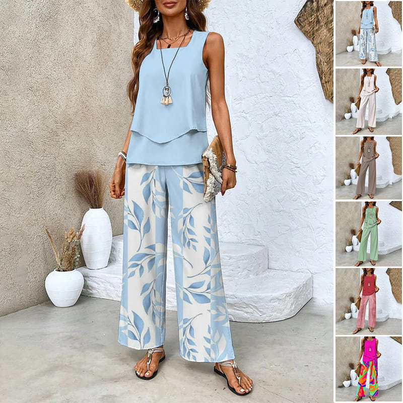 🌿 50 % RABATT FÜR BEGRENZTE ZEIT! 🩱 Damen 2-Teiler Sommer-Set – Ärmelloses Top mit asymmetrischem Saum + bedruckte Weitbeinhose, luftig für Urlaub & Alltag 💙