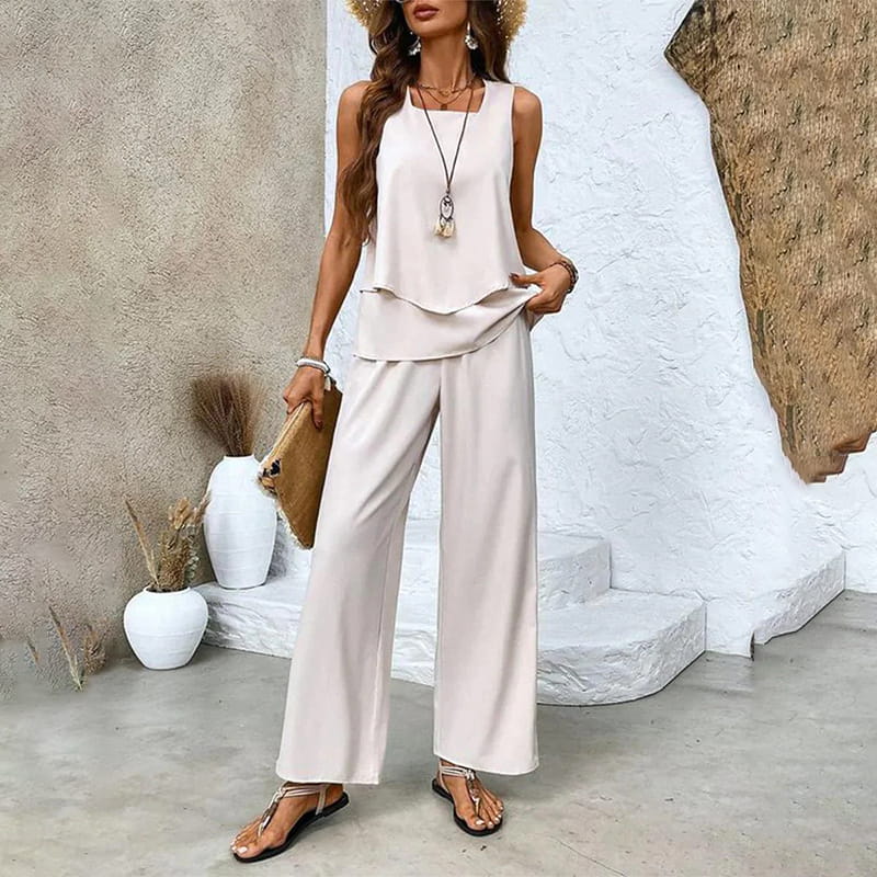 🌿 50 % RABATT FÜR BEGRENZTE ZEIT! 🩱 Damen 2-Teiler Sommer-Set – Ärmelloses Top mit asymmetrischem Saum + bedruckte Weitbeinhose, luftig für Urlaub & Alltag 💙