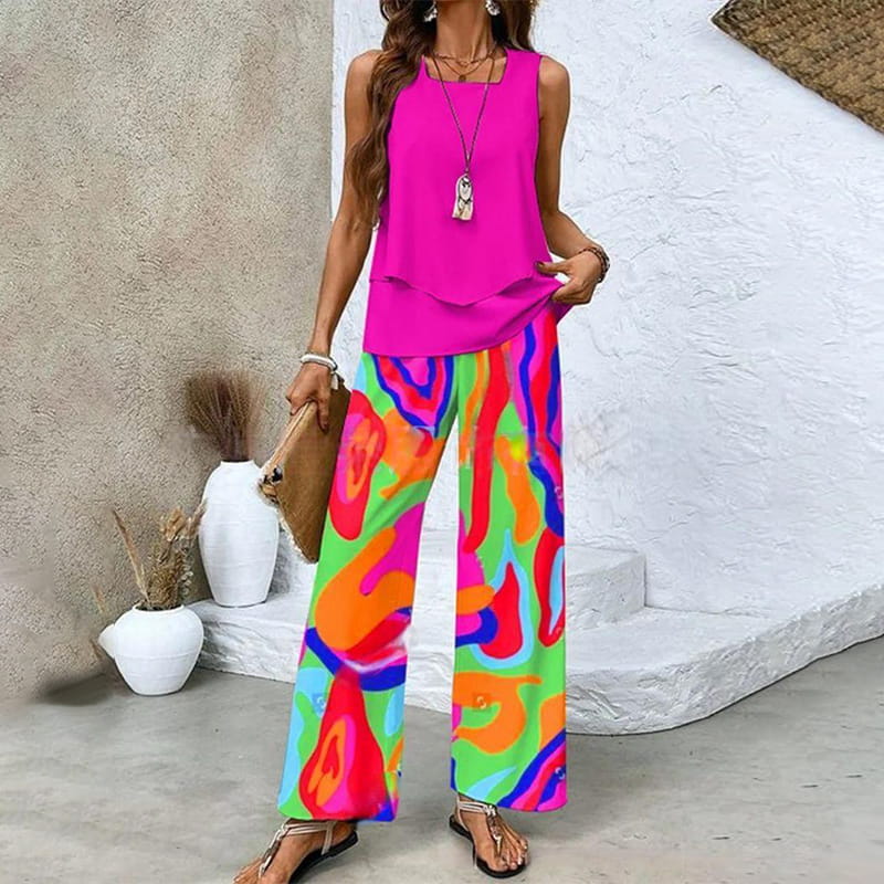 🌿 50 % RABATT FÜR BEGRENZTE ZEIT! 🩱 Damen 2-Teiler Sommer-Set – Ärmelloses Top mit asymmetrischem Saum + bedruckte Weitbeinhose, luftig für Urlaub & Alltag 💙