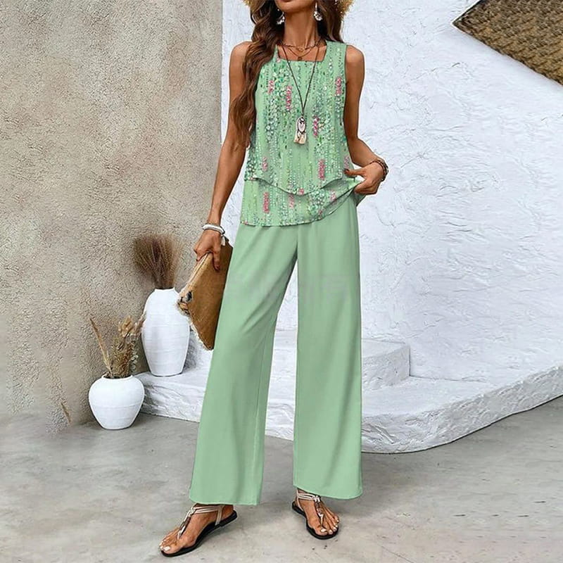 🌿 50 % RABATT FÜR BEGRENZTE ZEIT! 🩱 Damen 2-Teiler Sommer-Set – Ärmelloses Top mit asymmetrischem Saum + bedruckte Weitbeinhose, luftig für Urlaub & Alltag 💙