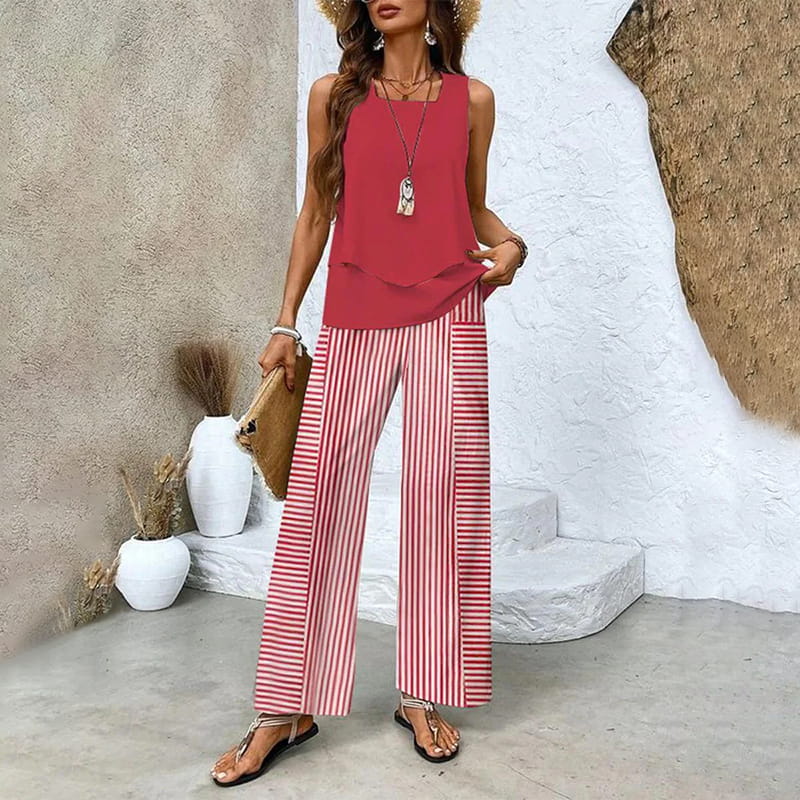 🌿 50 % RABATT FÜR BEGRENZTE ZEIT! 🩱 Damen 2-Teiler Sommer-Set – Ärmelloses Top mit asymmetrischem Saum + bedruckte Weitbeinhose, luftig für Urlaub & Alltag 💙