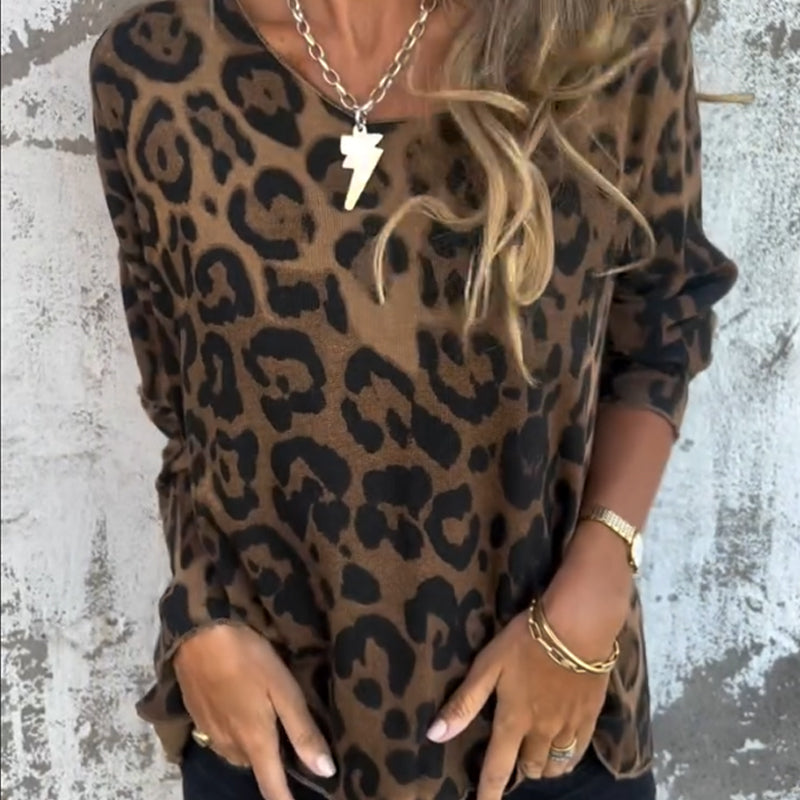 Damen Leopard Print Rundhalsausschnitt Stretch Top