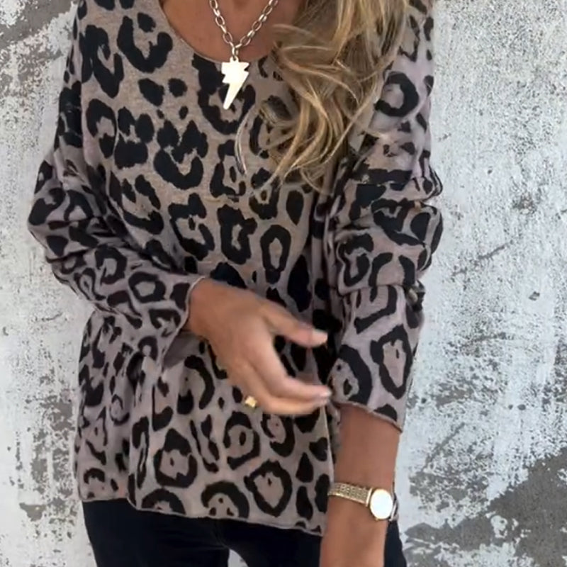 Damen Leopard Print Rundhalsausschnitt Stretch Top