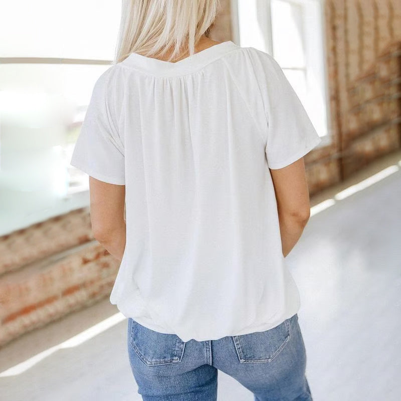 🌸Muttertagsaktion 50% Rabatt🌸Lässiges Damen-Top mit plissiertem V-Ausschnitt und kurzen Ärmeln