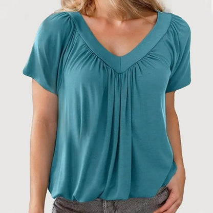 🌸Muttertagsaktion 50% Rabatt🌸Lässiges Damen-Top mit plissiertem V-Ausschnitt und kurzen Ärmeln