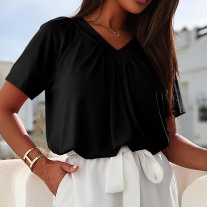 🌸Muttertagsaktion 50% Rabatt🌸Lässiges Damen-Top mit plissiertem V-Ausschnitt und kurzen Ärmeln