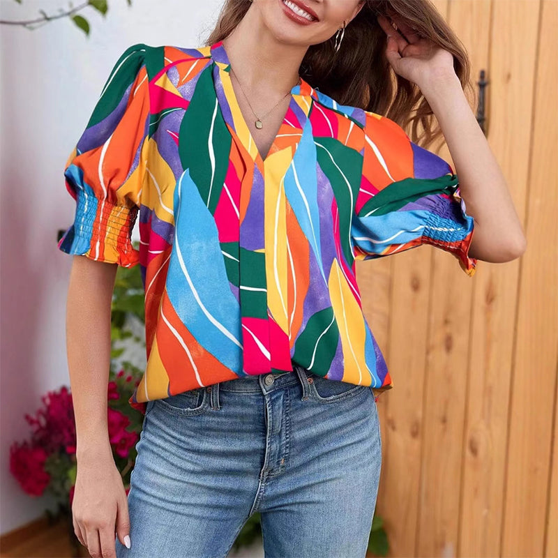 🌸 FLASH-SALE: 50% AUF BLUSEN! 🌸 Blumenprint Damenbluse ✨ V-Ausschnitt Puffärmel Sommer Tunika | Luftige Kurzarm Bluse für Alltag & Urlaub