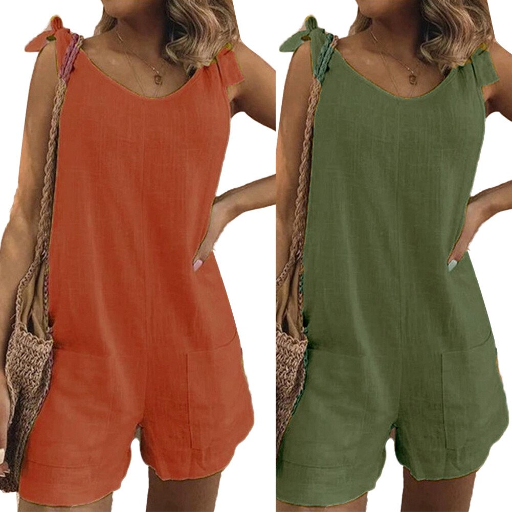 Einfarbige ärmellose verstellbare Träger Taschen Lose kurze Hosen Overalls