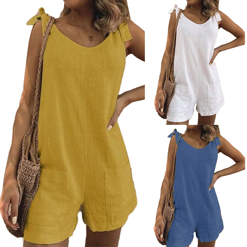 Einfarbige ärmellose verstellbare Träger Taschen Lose kurze Hosen Overalls