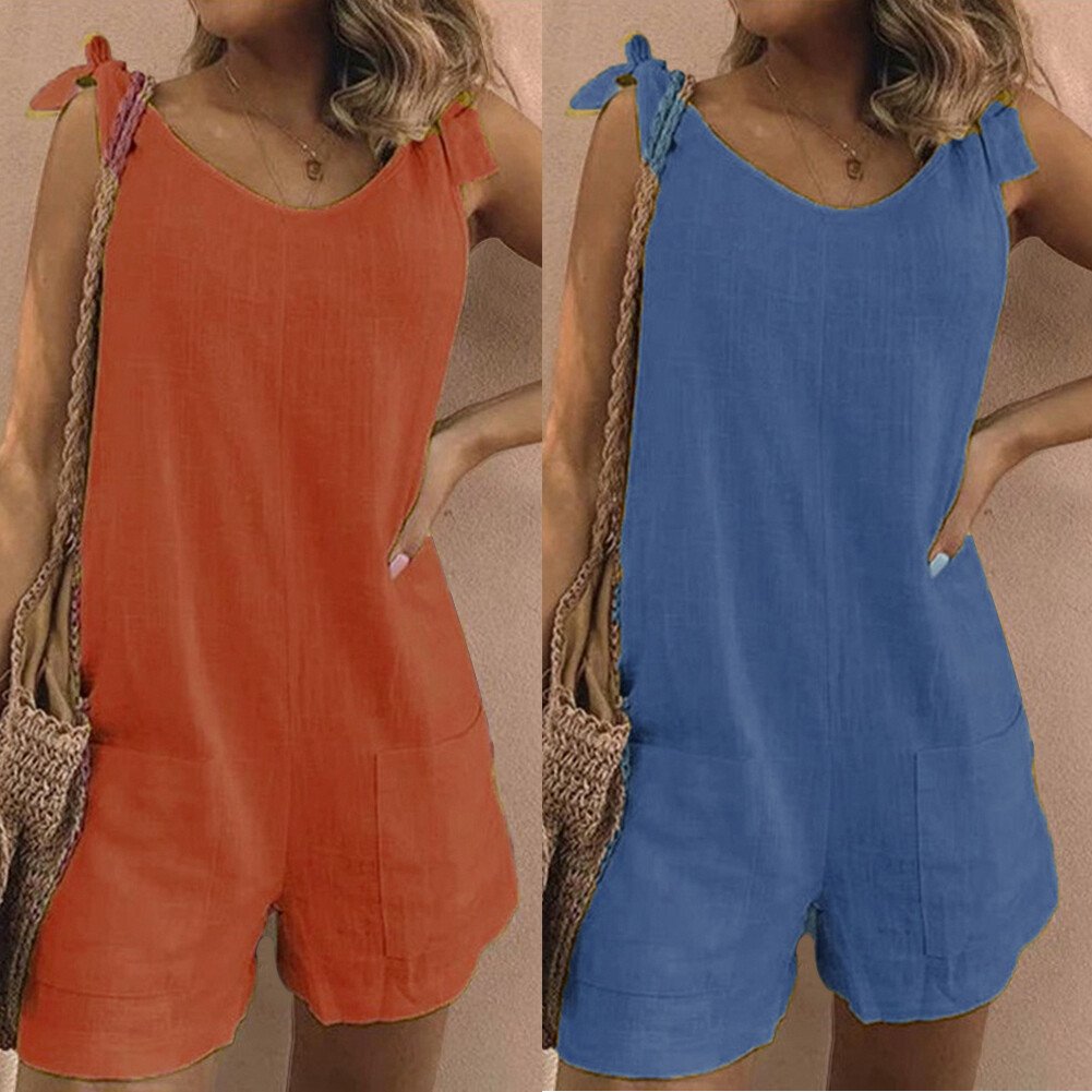 Einfarbige ärmellose verstellbare Träger Taschen Lose kurze Hosen Overalls