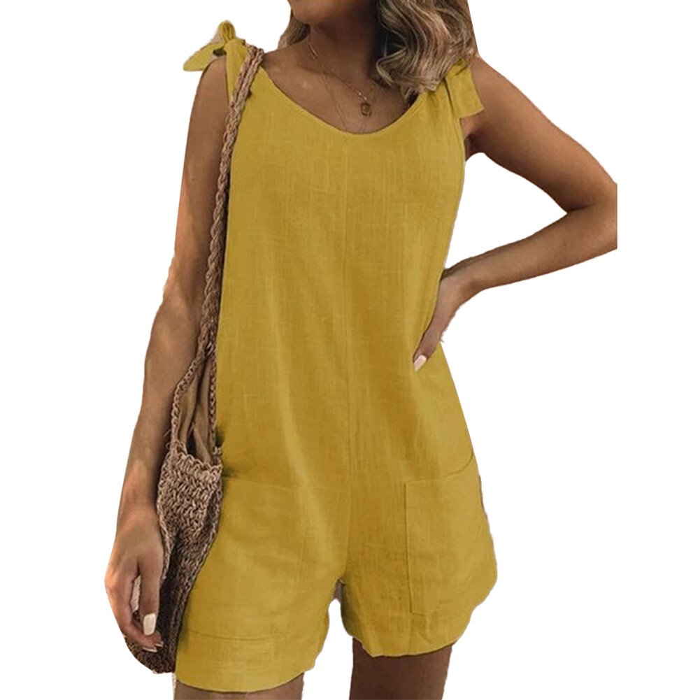 Einfarbige ärmellose verstellbare Träger Taschen Lose kurze Hosen Overalls