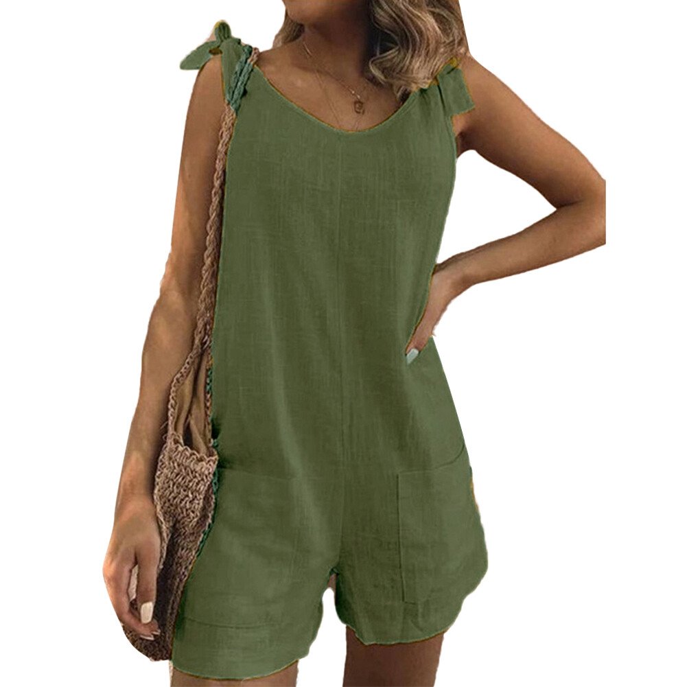 Einfarbige ärmellose verstellbare Träger Taschen Lose kurze Hosen Overalls