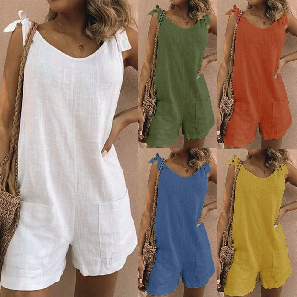 Einfarbige ärmellose verstellbare Träger Taschen Lose kurze Hosen Overalls