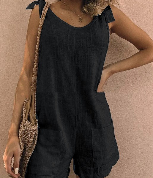 Einfarbige ärmellose verstellbare Träger Taschen Lose kurze Hosen Overalls