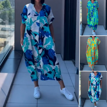 🔥 Letzter Tag! 50% Rabatt Damen Bedrucktes Freizeit-Maxikleid 💙 V-Ausschnitt, locker & bequem für Alltag & Urlaub