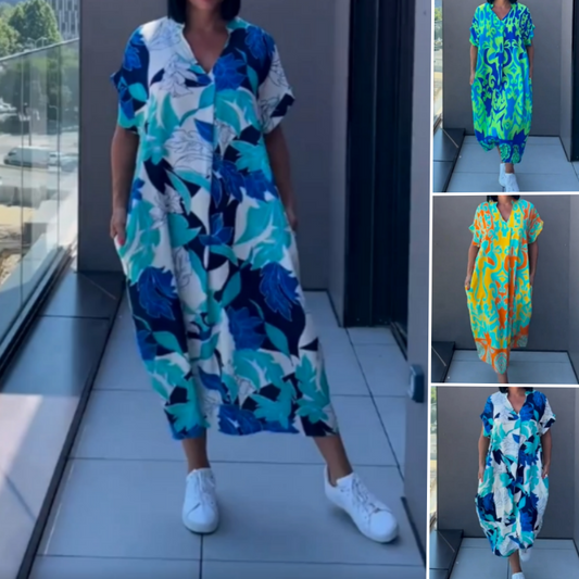 🔥 Letzter Tag! 50% Rabatt Damen Bedrucktes Freizeit-Maxikleid 💙 V-Ausschnitt, locker & bequem für Alltag & Urlaub
