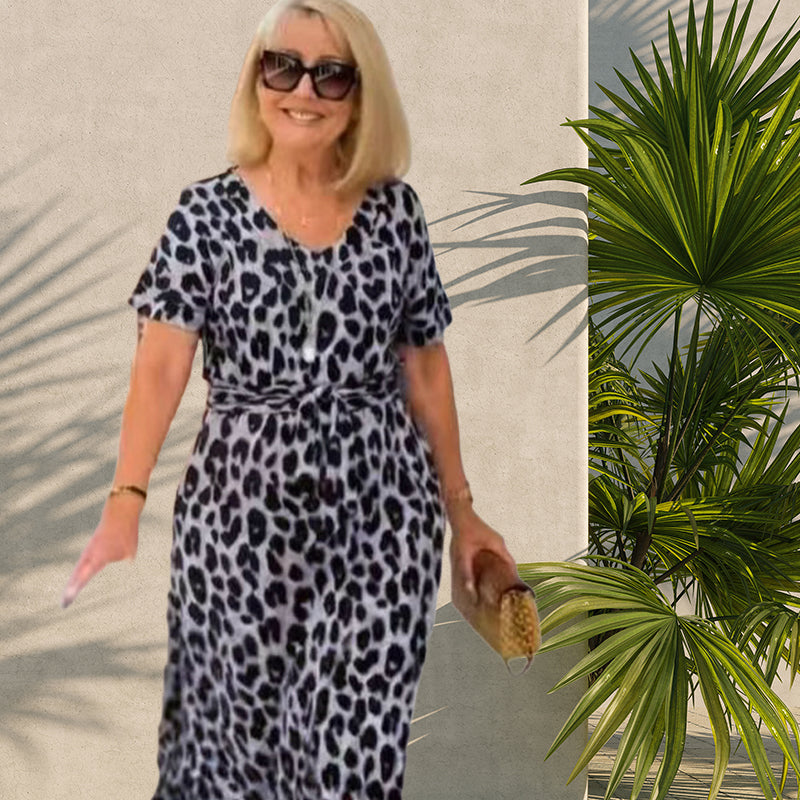 🔥Damenkleid mit Leopardenmuster und V-Ausschnitt– Verstellbarer Bund & 4 Jahreszeiten