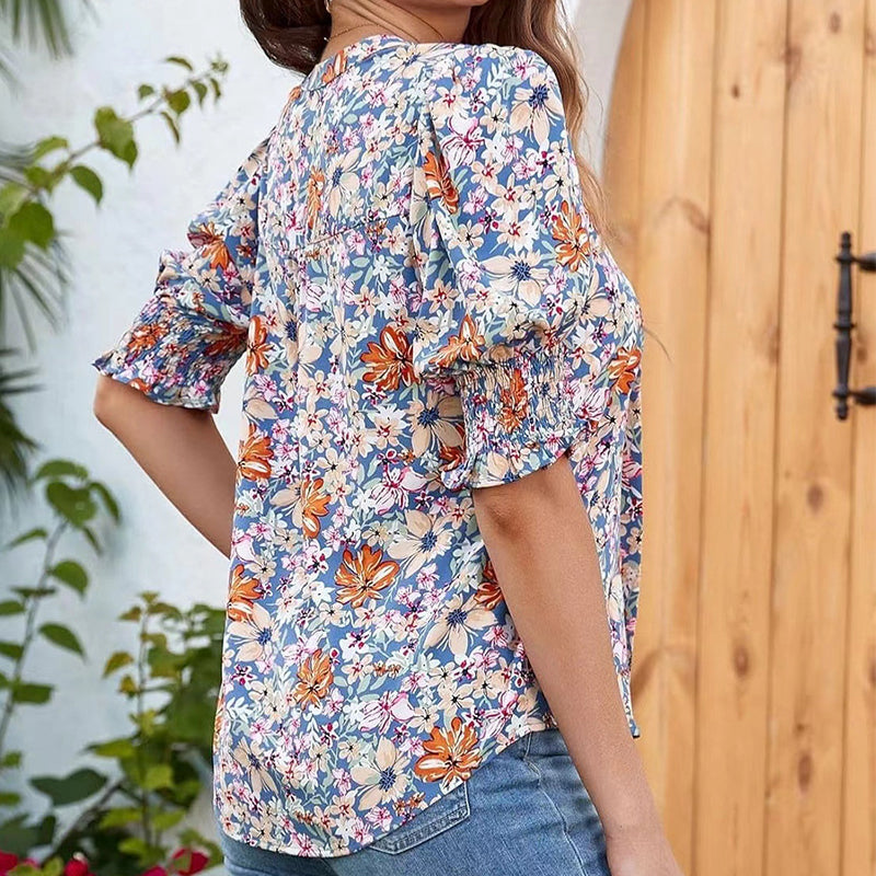 🌸 FLASH-SALE: 50% AUF BLUSEN! 🌸 Blumenprint Damenbluse ✨ V-Ausschnitt Puffärmel Sommer Tunika | Luftige Kurzarm Bluse für Alltag & Urlaub